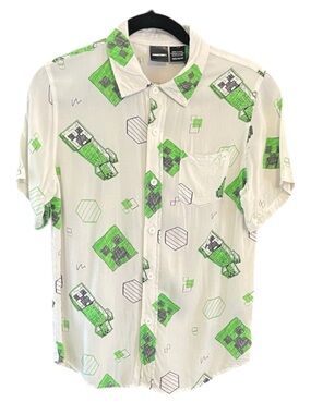 Kids Short-Sleeve Button-Down Shirt — White with Bright Green Print